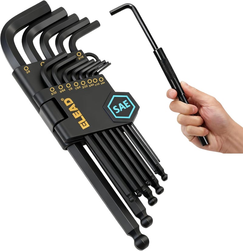 ELEAD 15-Piece SAE Hex Key Allen Wrench Set with Extension Bar, 3/64-3/8 Inch, Long Arm Ball End Design, Heat-Treated S2 Steel - Image 1